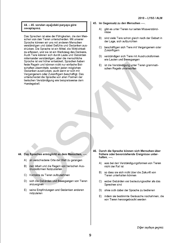 LYS-5 Yabancı Dil (Almanca) Soru ve Cevapları