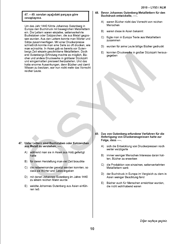 LYS-5 Yabancı Dil (Almanca) Soru ve Cevapları