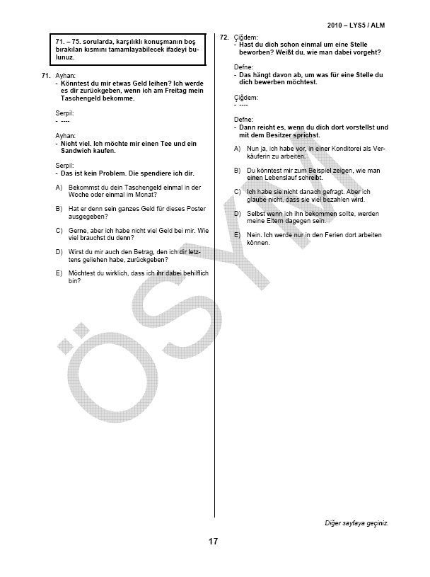 LYS-5 Yabancı Dil (Almanca) Soru ve Cevapları