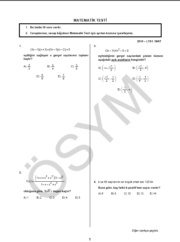 LYS-1 Matematik soru ve cevapları