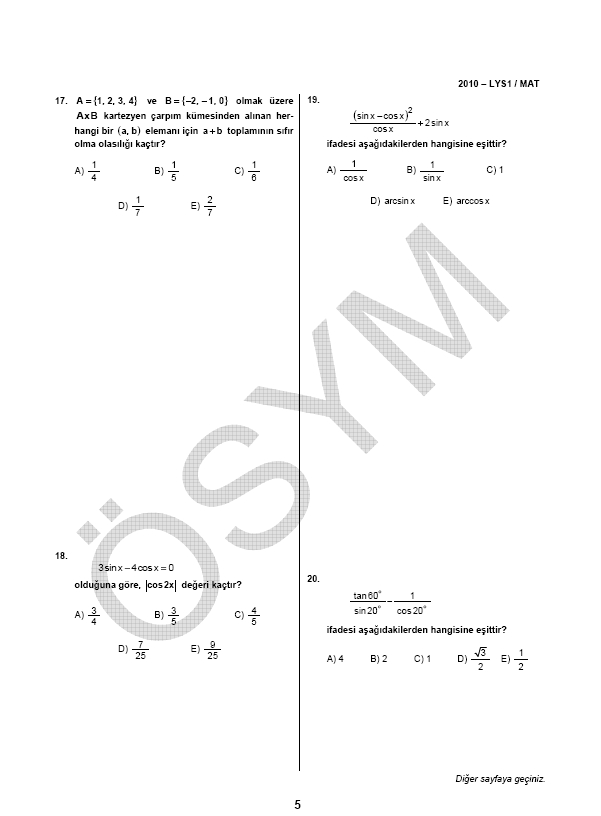 LYS-1 Matematik soru ve cevapları