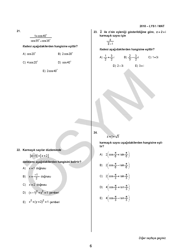 LYS-1 Matematik soru ve cevapları