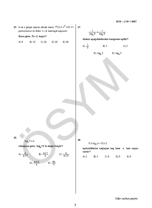 LYS-1 Matematik soru ve cevapları
