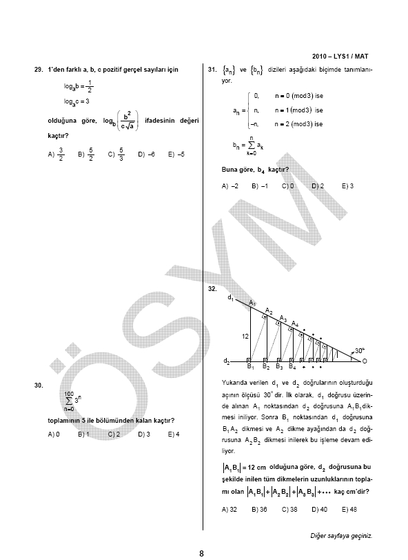 LYS-1 Matematik soru ve cevapları