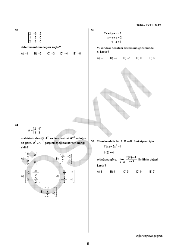 LYS-1 Matematik soru ve cevapları