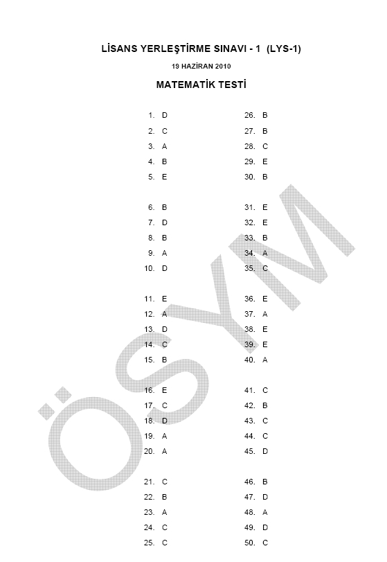 LYS-1 Matematik soru ve cevapları