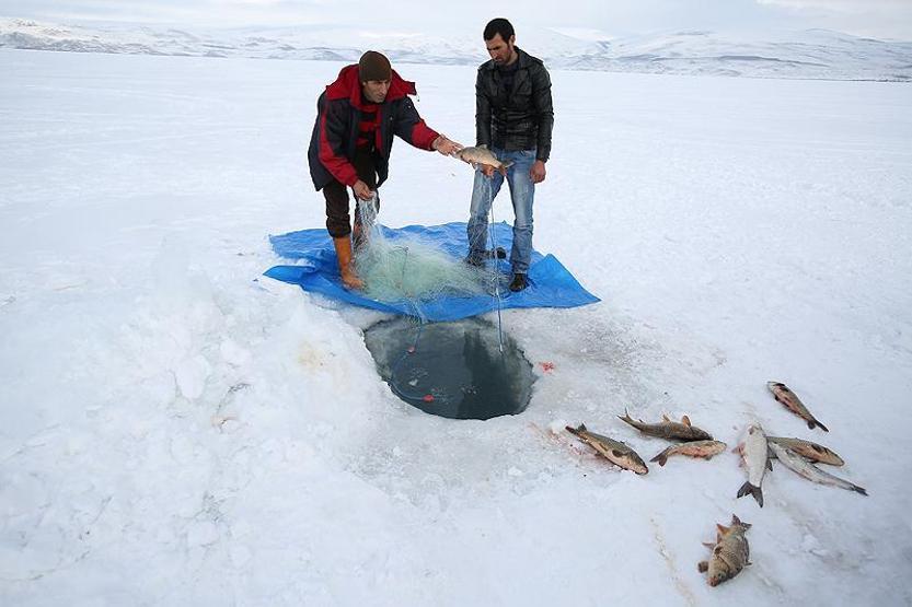 Çıldır Gölünde Eskimo usulü balık avı