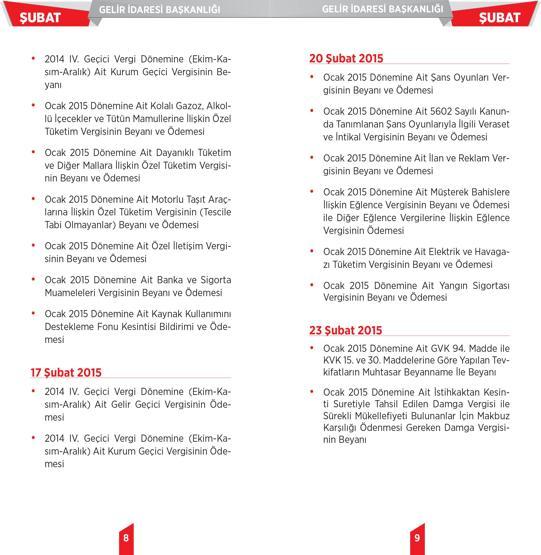 2015 yılı vergi takvimi