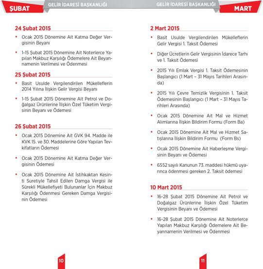 2015 yılı vergi takvimi