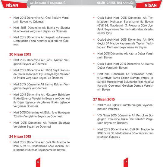 2015 yılı vergi takvimi