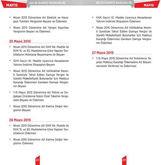 2015 yılı vergi takvimi