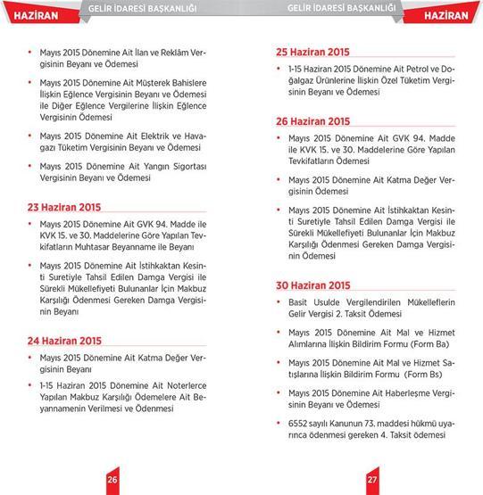 2015 yılı vergi takvimi