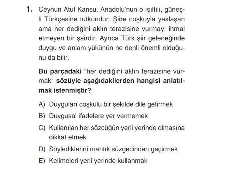 Online deneme sınavı Türkçe bölümü cevap anahtarı