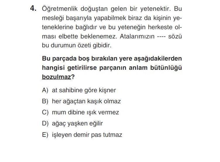 Online deneme sınavı Türkçe bölümü cevap anahtarı