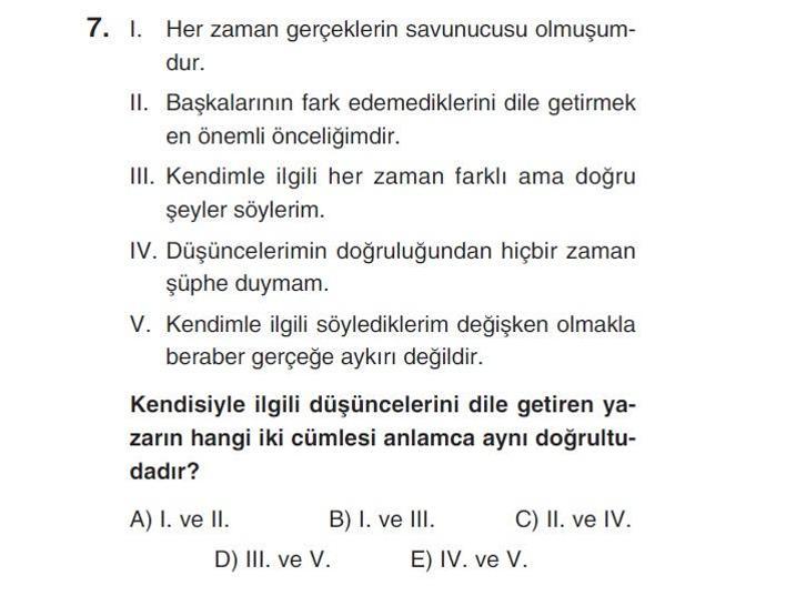 Online deneme sınavı Türkçe bölümü cevap anahtarı