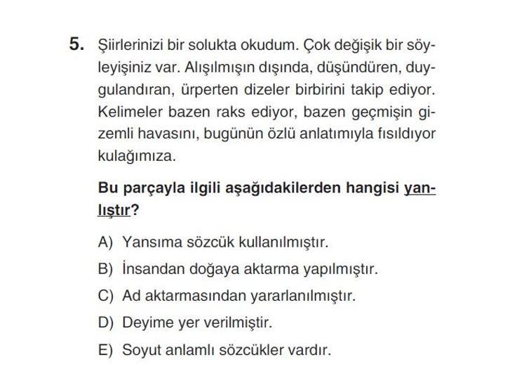 Online deneme sınavı Türkçe bölümü cevap anahtarı