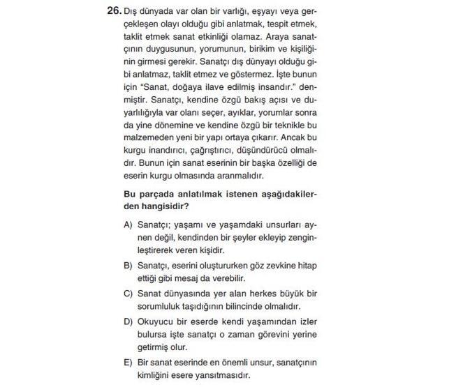 Online deneme sınavı Türkçe bölümü cevap anahtarı