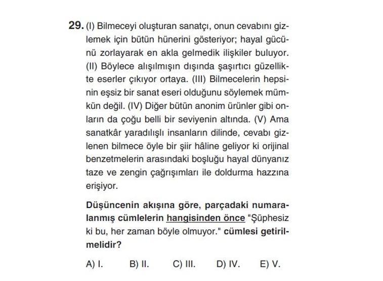 Online deneme sınavı Türkçe bölümü cevap anahtarı