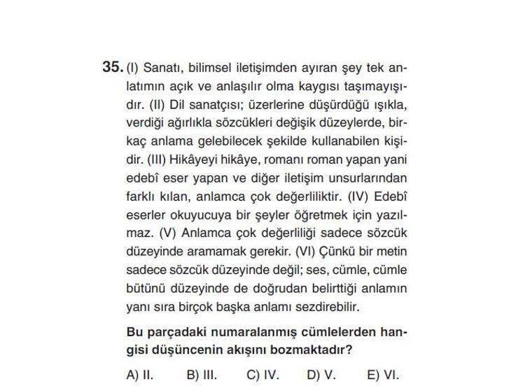 Online deneme sınavı Türkçe bölümü cevap anahtarı