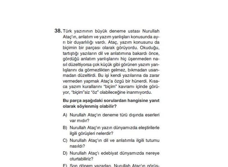 Online deneme sınavı Türkçe bölümü cevap anahtarı