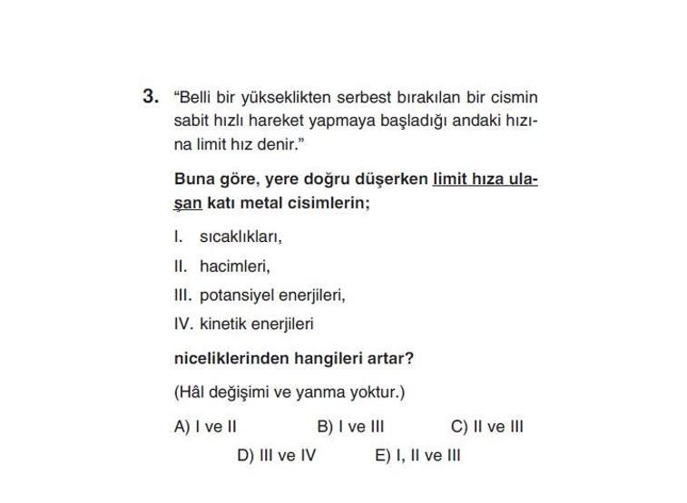 Online YGS denemesi Fen Bilimleri bölümü cevap anahtarı