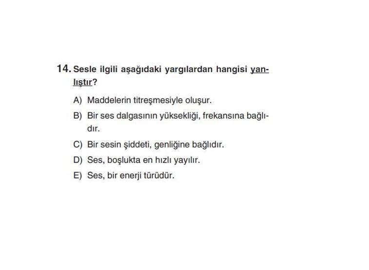Online YGS denemesi Fen Bilimleri bölümü cevap anahtarı