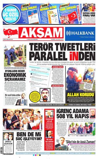 21 Nisan 2016 gazete manşetleri
