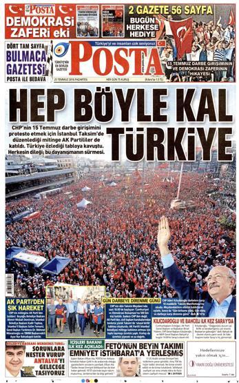 25 Temmuz 2016 gazete manşetleri
