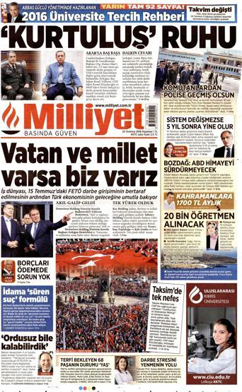 25 Temmuz 2016 gazete manşetleri