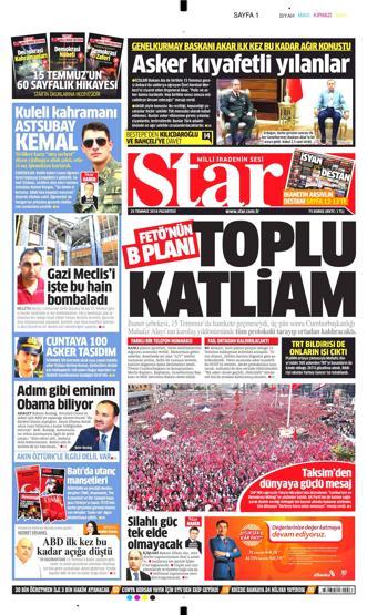 25 Temmuz 2016 gazete manşetleri