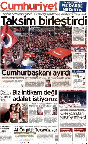 25 Temmuz 2016 gazete manşetleri