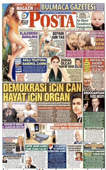 03 Ağustos 2016 gazete manşetleri