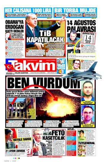 03 Ağustos 2016 gazete manşetleri