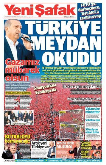 08 Ağustos 2016 gazete manşetleri