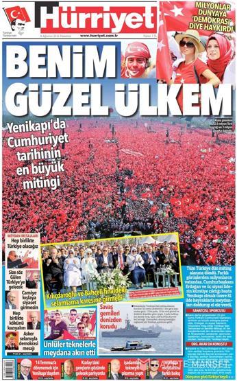 08 Ağustos 2016 gazete manşetleri