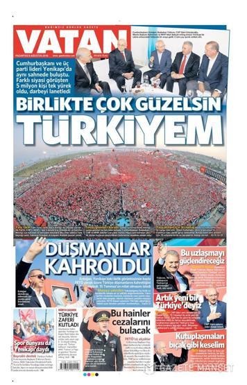 08 Ağustos 2016 gazete manşetleri