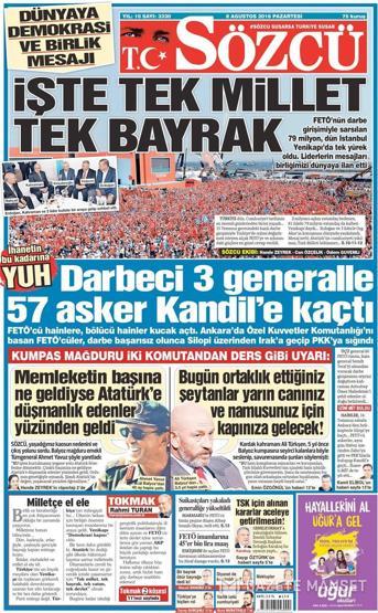 08 Ağustos 2016 gazete manşetleri
