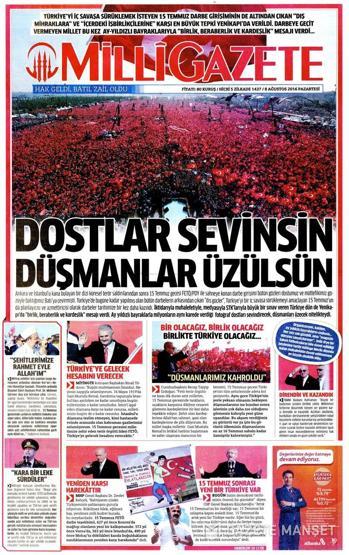 08 Ağustos 2016 gazete manşetleri