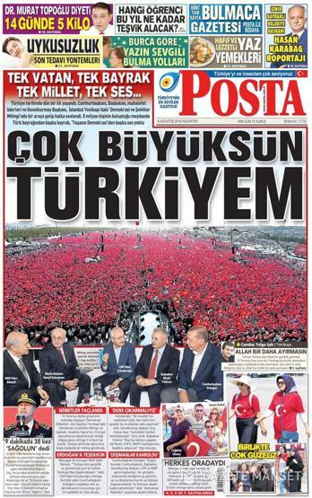 08 Ağustos 2016 gazete manşetleri