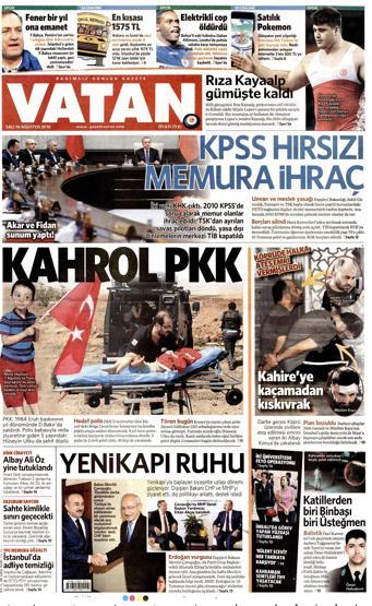 16 Ağustos 2016 gazete manşetleri
