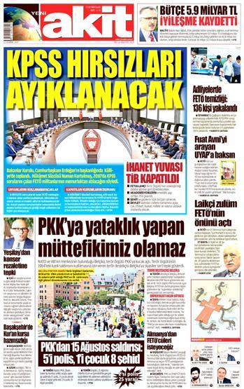 16 Ağustos 2016 gazete manşetleri
