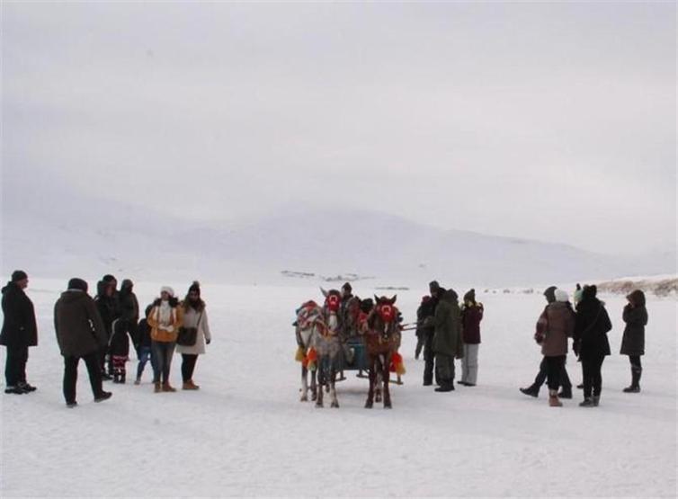Çıldır Gölü buz tuttu, turistler atlı kızak keyfinde