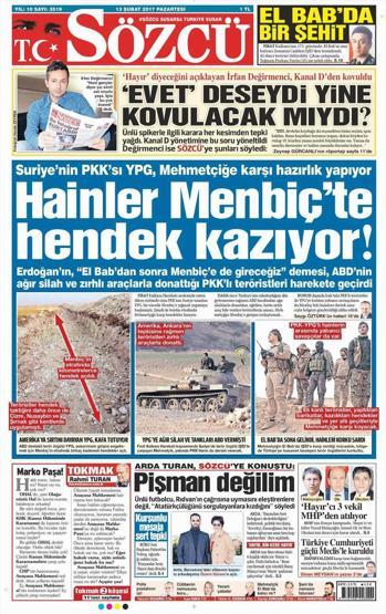 13 Şubat 2017 - Gazete manşetleri