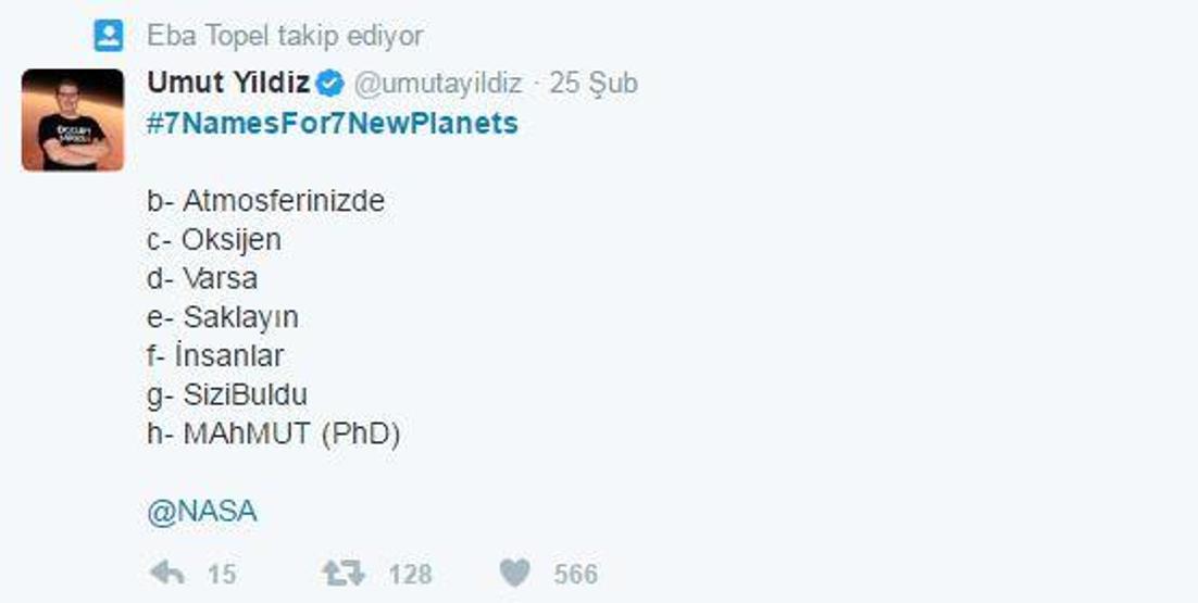 Türkiyeden NASAnın bulduğu 7 gezegene isim önerileri