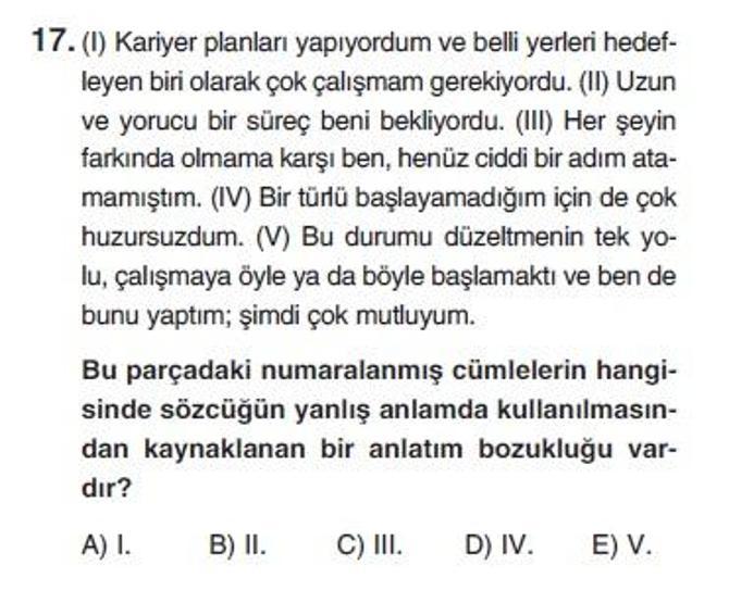 Üçüncü Online YGS denemesi Türkçe testi cevap anahtarı