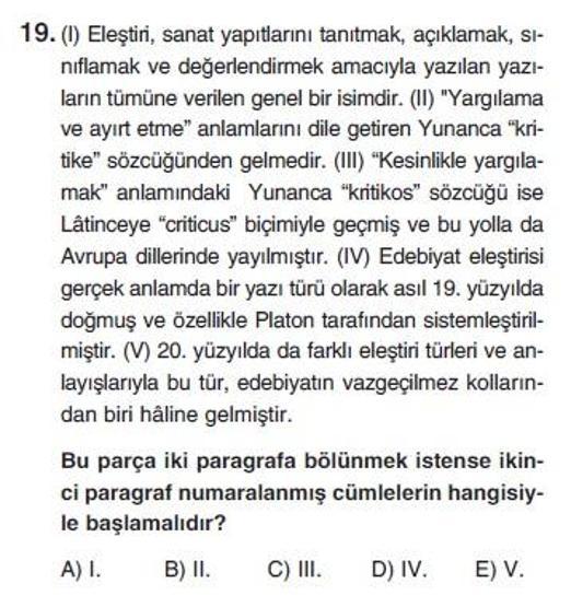 Üçüncü Online YGS denemesi Türkçe testi cevap anahtarı