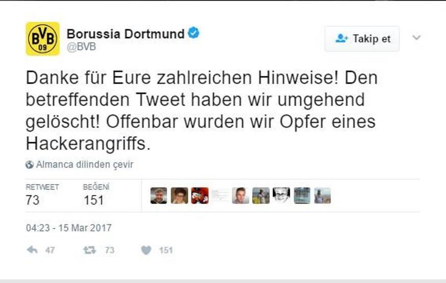 Borussia Dortmundun twitter hesabına hacker saldırısı