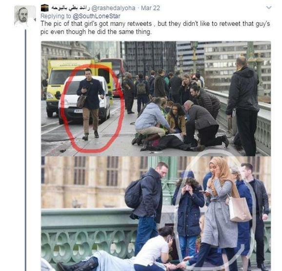 Londra saldırısı sonrası köprüden geçen türbanlı kadın tartışılıyor