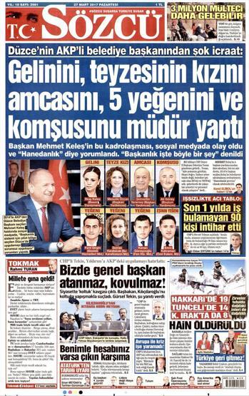 27 Mart 2017 - Gazete manşetleri