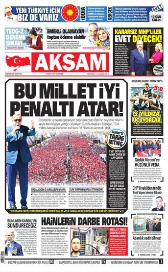 3 Nisan 2017 - Gazetelerin birinci sayfaları